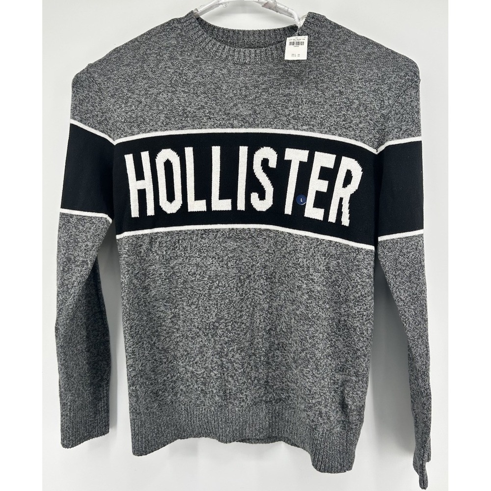 Hollister Logo Front Long‎ Sleeve Pullover Sweater Gray Black Men's Large NWT